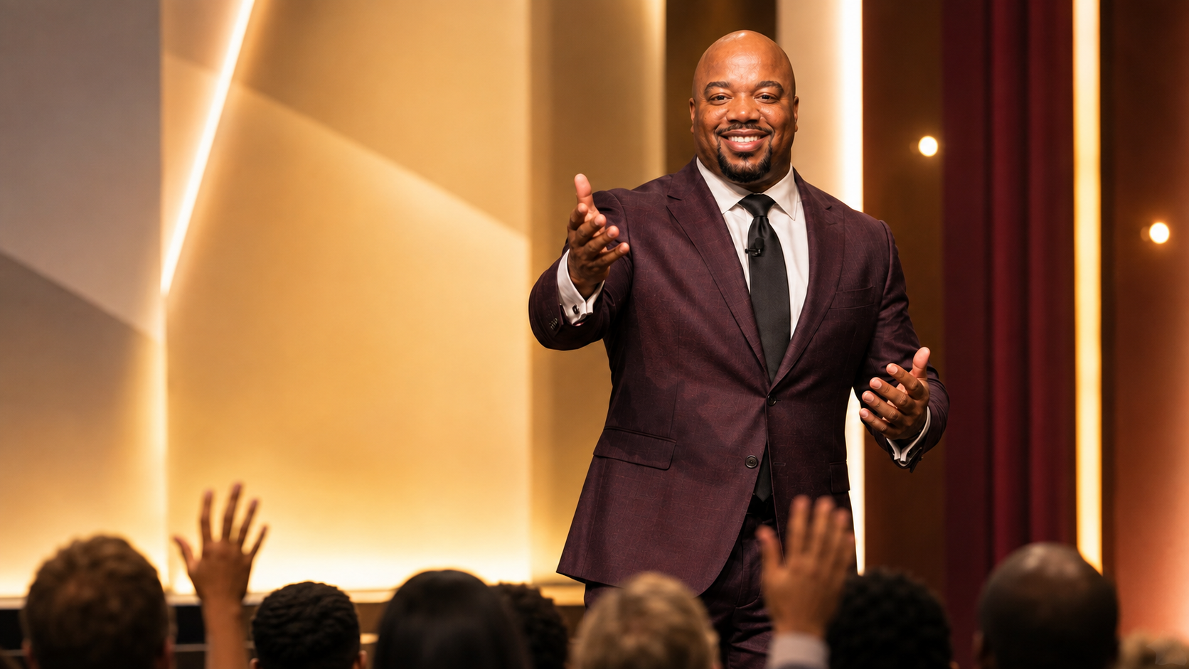 Nick Billions warmly engaging a professional audience from a brightly lit stage